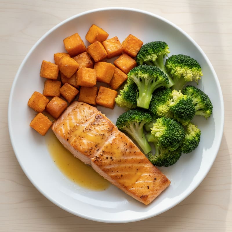 Seared Salmon with Roasted Sweet Potato and Steamed Broccoli