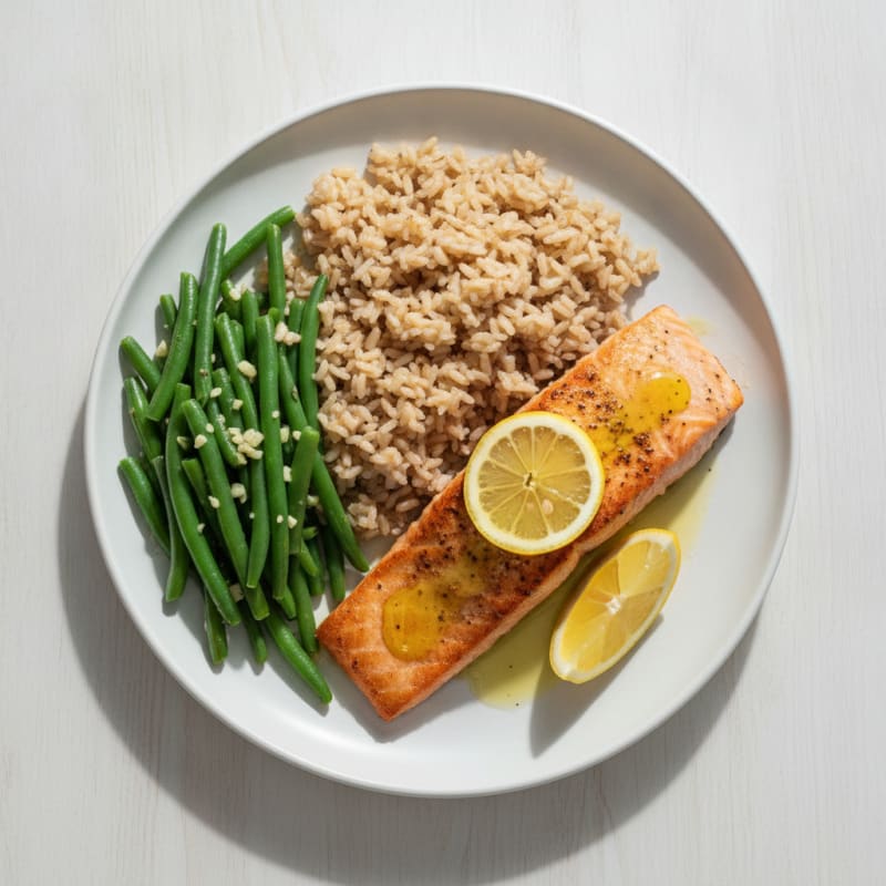 Seared Salmon Fillet with Garlic Green Beans and Brown Rice