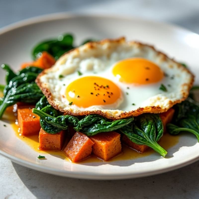 Sunny Side Up Eggs with Sautéed Spinach and Crispy Sweet Potato Hash