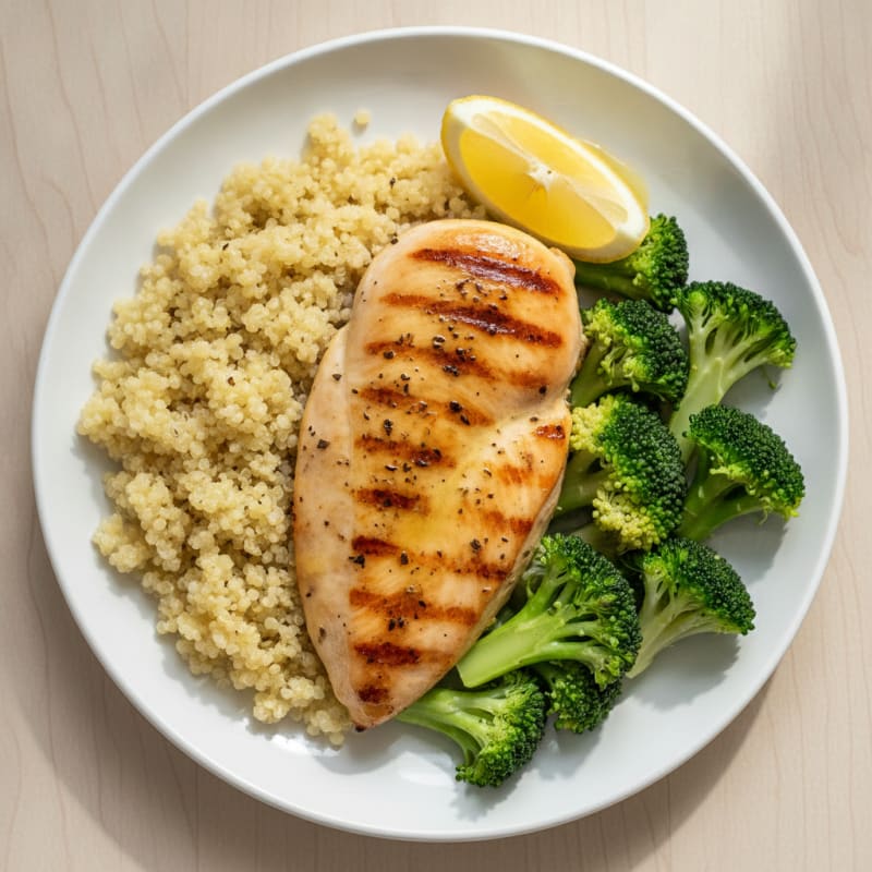Grilled Chicken Breast with Steamed Broccoli and Quinoa