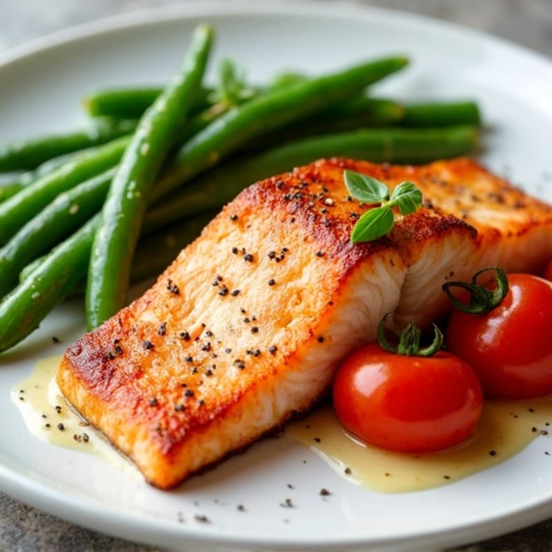 Crispy Pan-Seared Salmon with Roasted Green Beans and Cherry Tomatoes