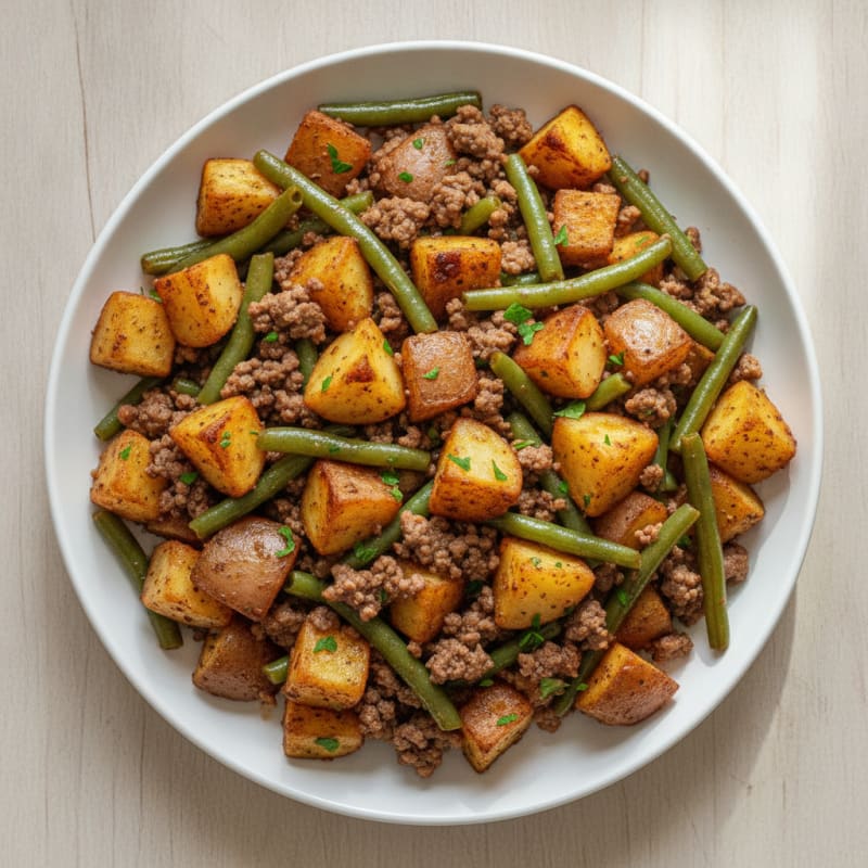 Ground Beef Skillet with Roasted Potatoes and Green Beans