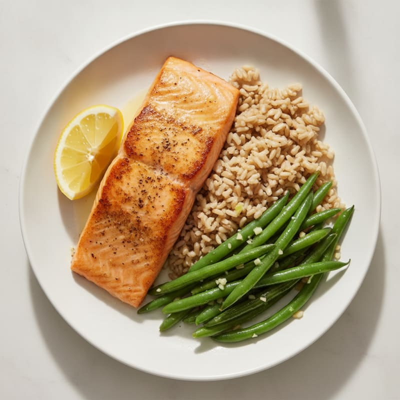 Seared Salmon with Garlic Green Beans and Brown Rice