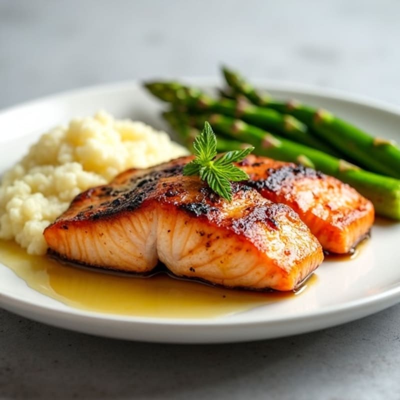Seared Salmon with Steamed Asparagus and Cauliflower Mash