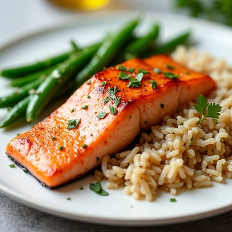Seared Salmon with Steamed Green Beans and Brown Rice
