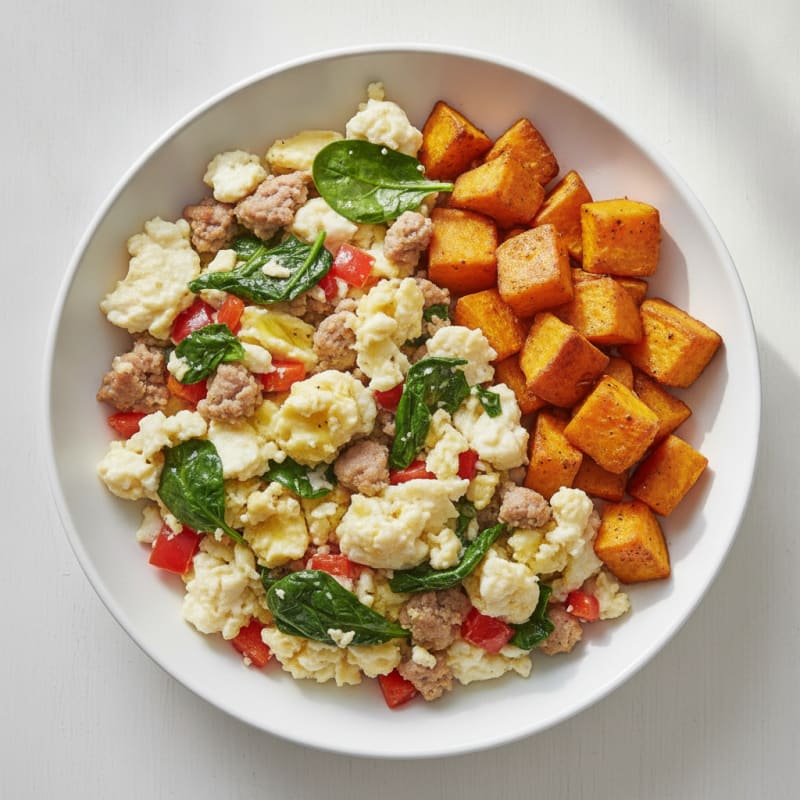 Egg White and Turkey Sausage Veggie Scramble with Roasted Sweet Potato