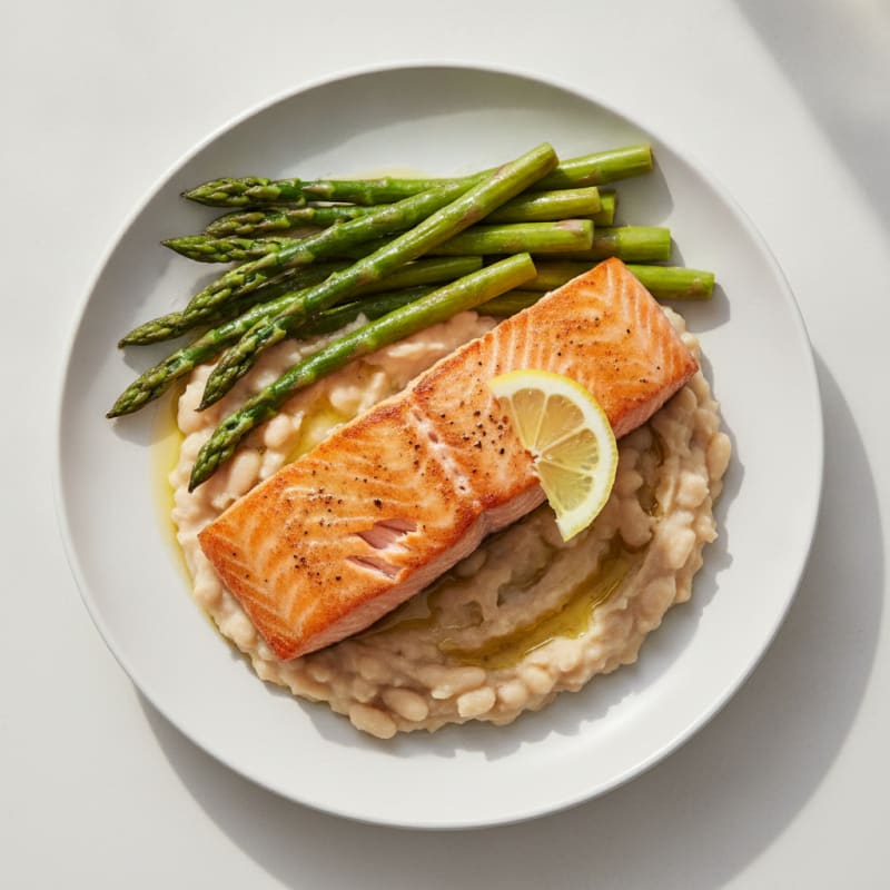 Seared Salmon with Creamy White Bean Mash and Steamed Asparagus