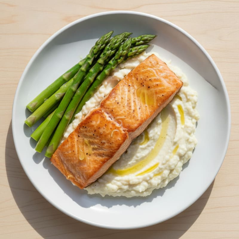 Seared Salmon Fillet with Steamed Asparagus and Cauliflower Mash