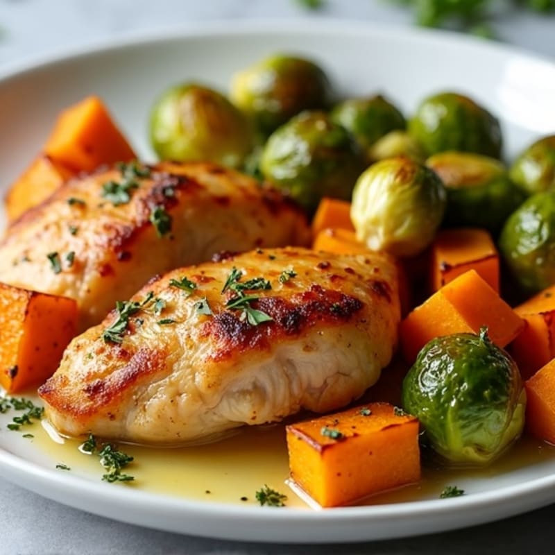 Sweet Potato and Chicken Sheet Pan with Crispy Brussels Sprouts
