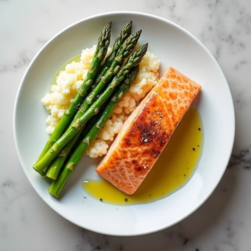 Seared Salmon Fillet with Steamed Asparagus and Cauliflower Mash