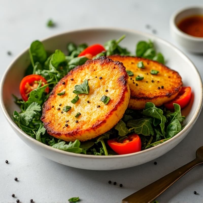 Crispy Pan-Seared Halloumi with Fresh Greens and Roasted Bell Peppers