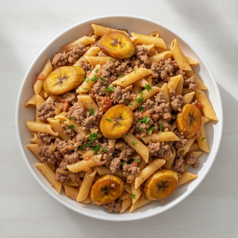 Ground Beef Penne with Sweet Plantains