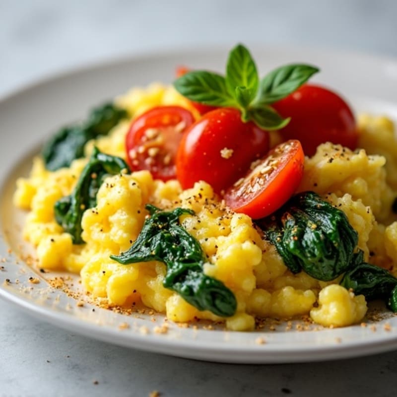 Fluffy Scrambled Eggs with Sautéed Spinach and Cherry Tomatoes