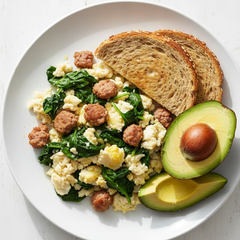 Egg White Scramble with Turkey Sausage and Sautéed Spinach