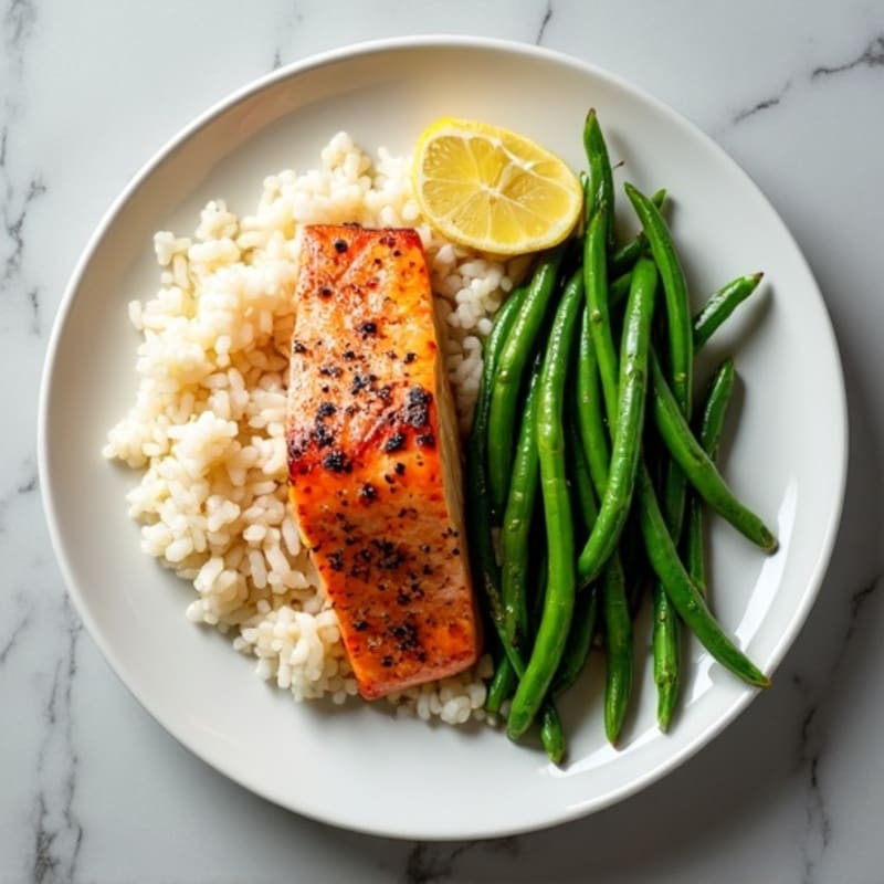 Seared Salmon with Garlic Green Beans and Steamed Jasmine Rice