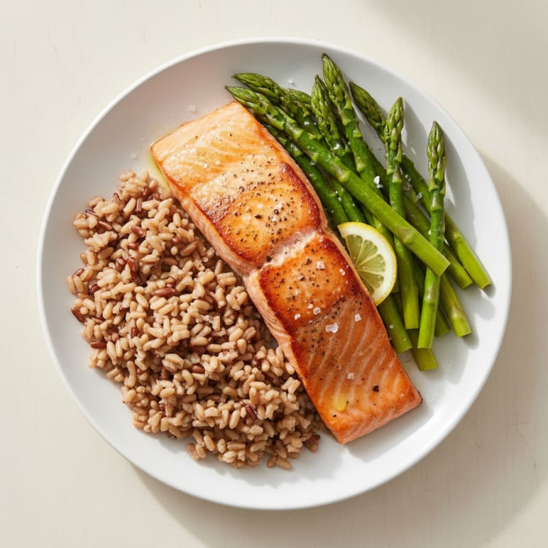 Seared Salmon with Steamed Asparagus and Brown Rice