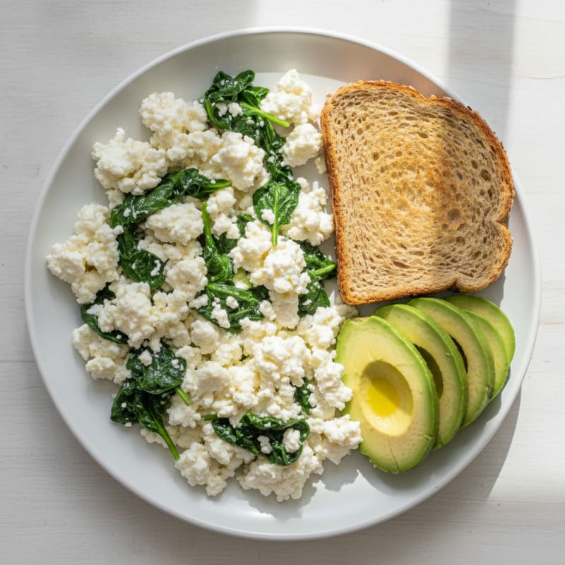Egg White Scramble with Cottage Cheese and Sautéed Spinach