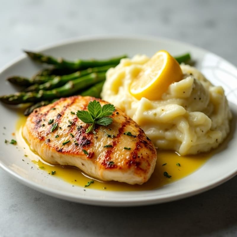 Lemon Garlic Pan-Seared Chicken with Creamy Mashed Potatoes and Roasted Asparagus