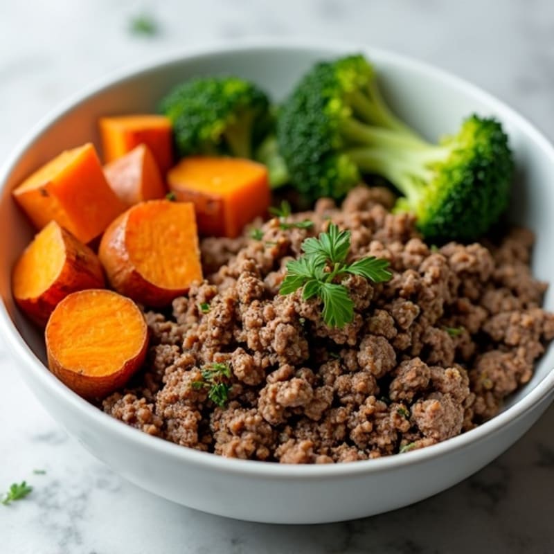 Herb-Spiced Ground Beef Bowl with Roasted Sweet Potato and Garlic Broccoli