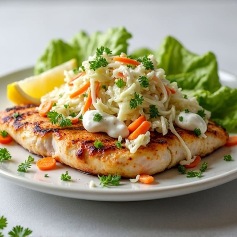 Grilled Chicken Breast with Crunchy Cabbage Slaw and Greek Yogurt Dressing