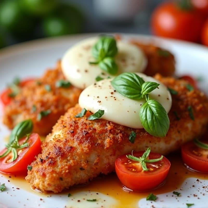 Crispy Pan-Seared Chicken with Fresh Tomato Basil and Melted Mozzarella
