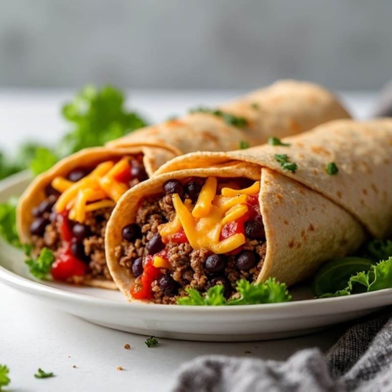 Beef and Black Bean Stuffed Whole Wheat Wraps with Smoky Red Sauce and Melty Cheese