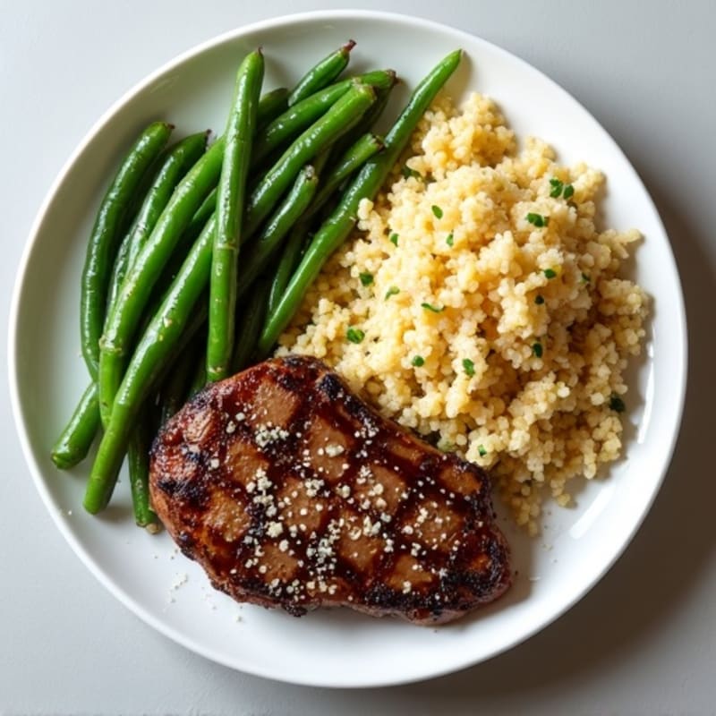 Seared Steak with Garlic Parmesan Green Beans and Quinoa