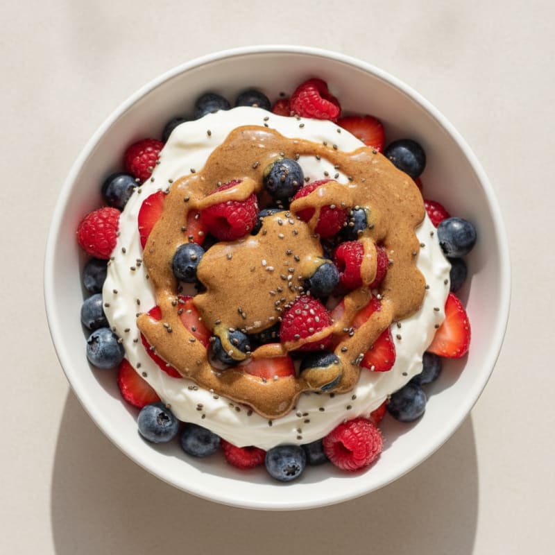 Greek Yogurt Protein Parfait with Mixed Berries and Almond Butter