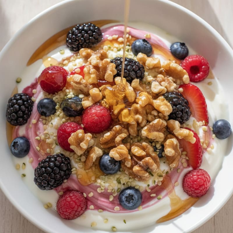 Silky Greek Yogurt with Mixed Berries and Hemp Seeds