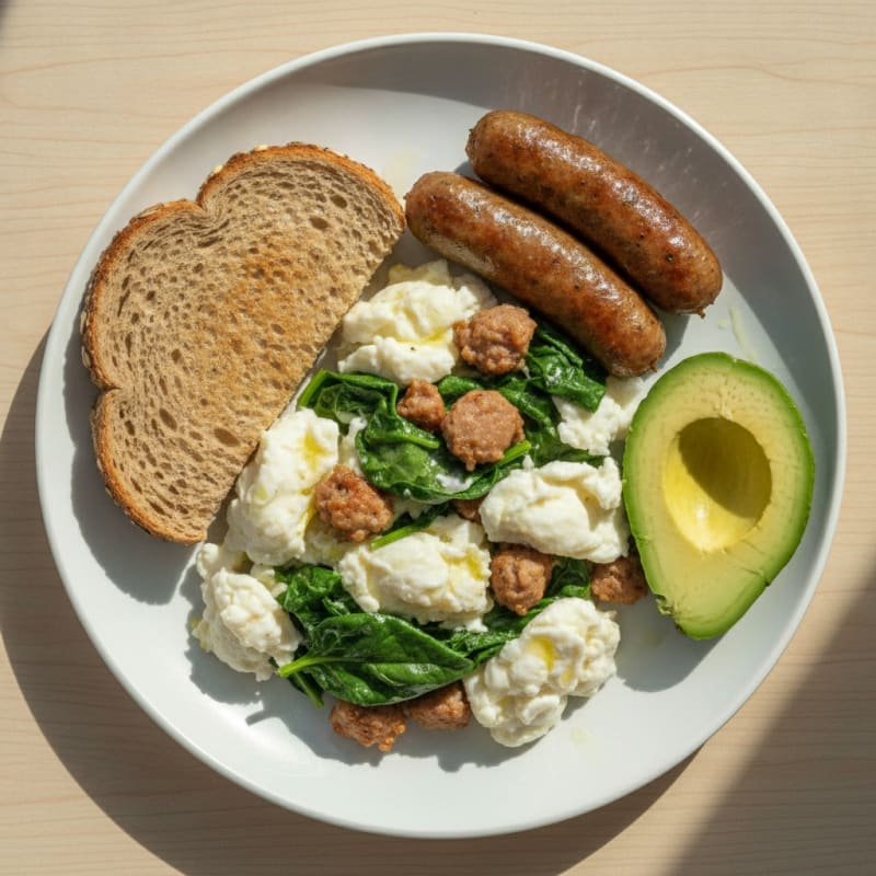 Egg White and Spinach Scramble with Turkey Sausage