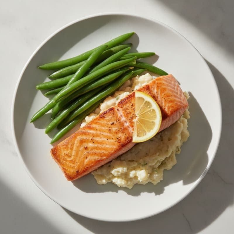 Seared Salmon with Steamed Green Beans and Garlic Mashed Cauliflower