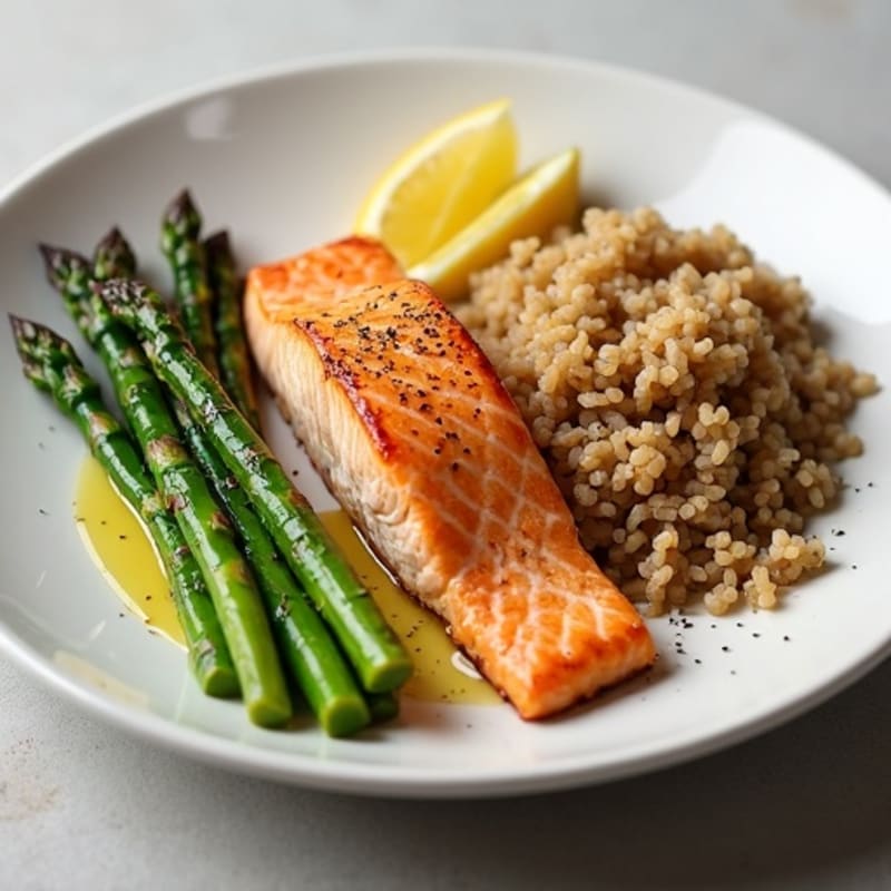 Seared Salmon Fillet with Steamed Asparagus and Brown Rice
