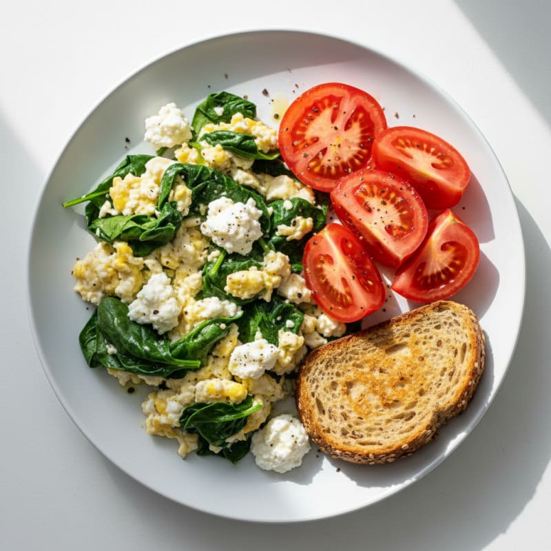 Egg White and Spinach Scramble with Cottage Cheese and Sliced Tomatoes