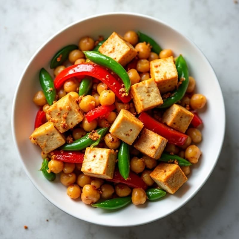Crispy Tofu and Chickpea Stir Fry with Snap Peas and Bell Peppers