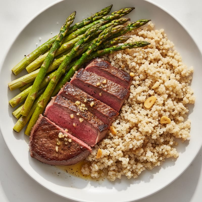 Pan-Seared Steak with Roasted Asparagus and Quinoa