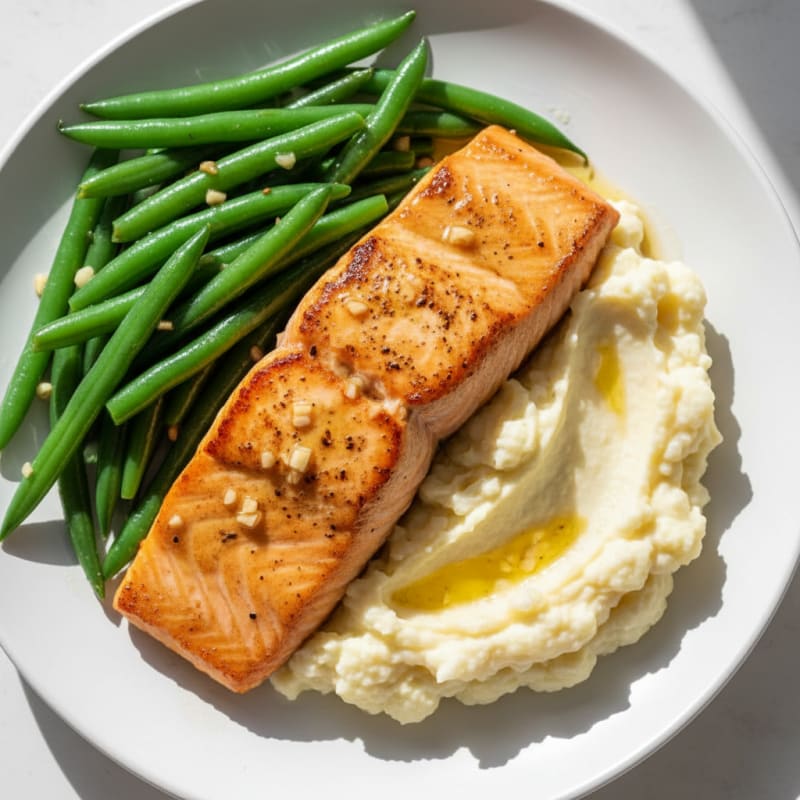 Seared Salmon with Steamed Green Beans and Garlic Mashed Cauliflower