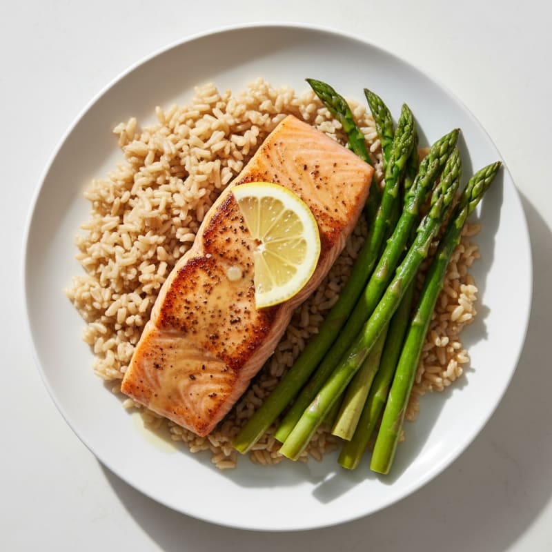 Seared Salmon Fillet with Steamed Asparagus and Brown Rice