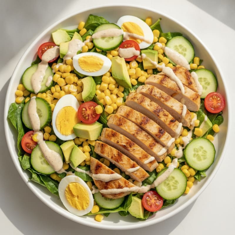 Grilled Chicken Leg Salad with Cucumber, Tomato, Corn, and Light Sour Cream Dressing