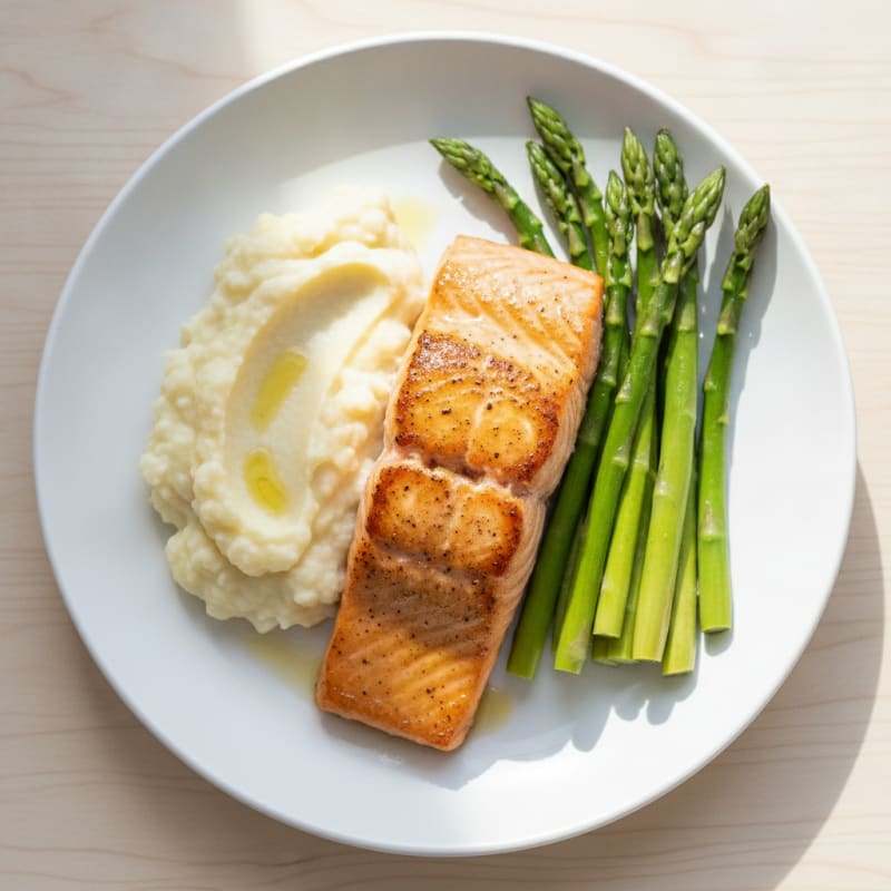 Seared Salmon Fillet with Steamed Asparagus and Garlic Mashed Cauliflower
