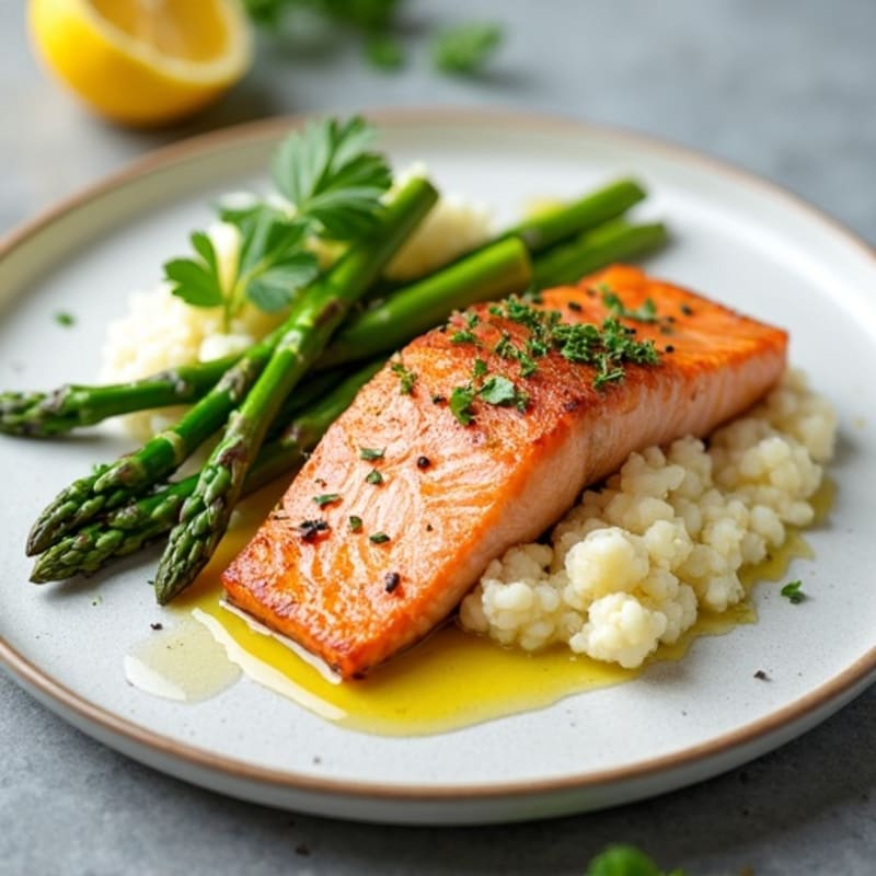 Seared Salmon with Steamed Asparagus and Cauliflower Mash