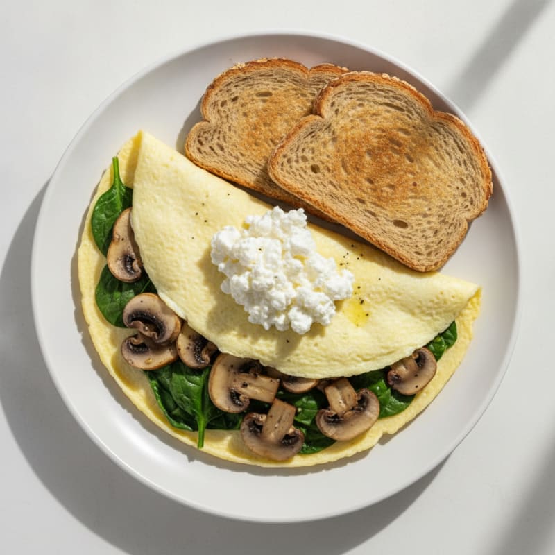 Egg White Spinach Omelette with Cottage Cheese and Sautéed Mushrooms
