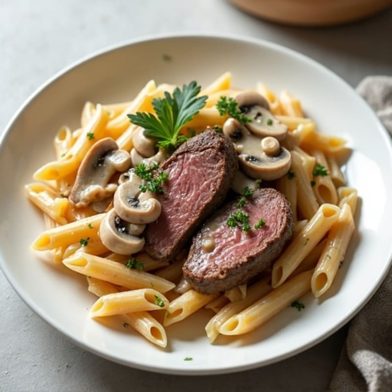 Lean Beef with Creamy Mushroom Sauce and Whole Wheat Pasta