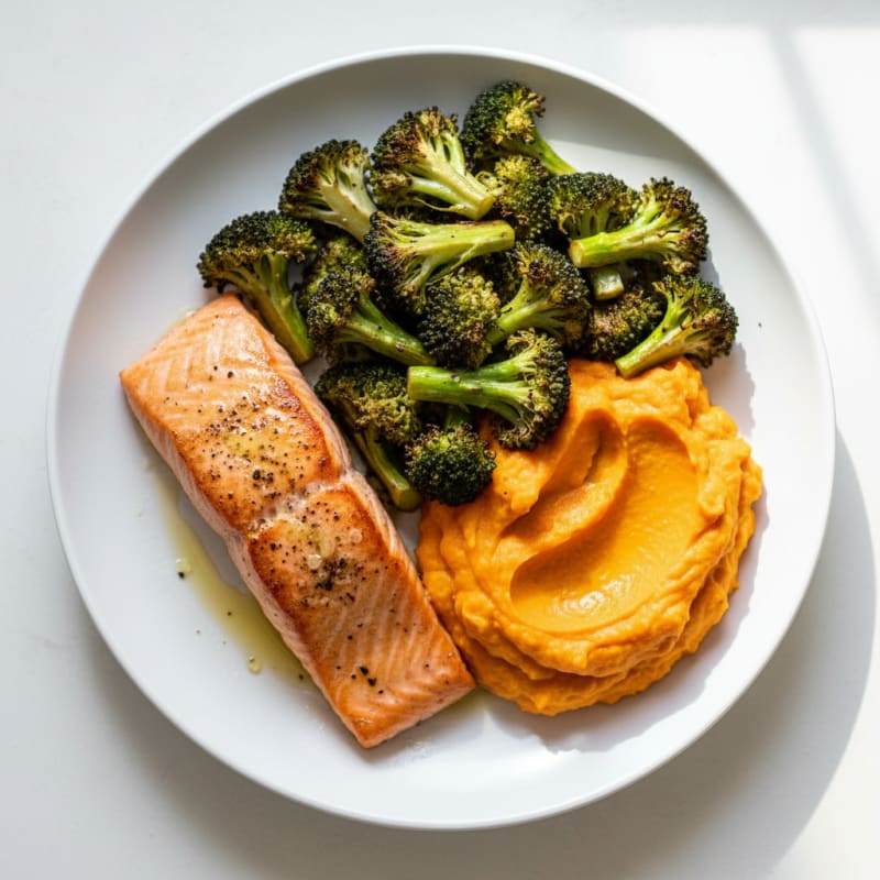 Seared Salmon with Roasted Broccoli and Sweet Potato Mash