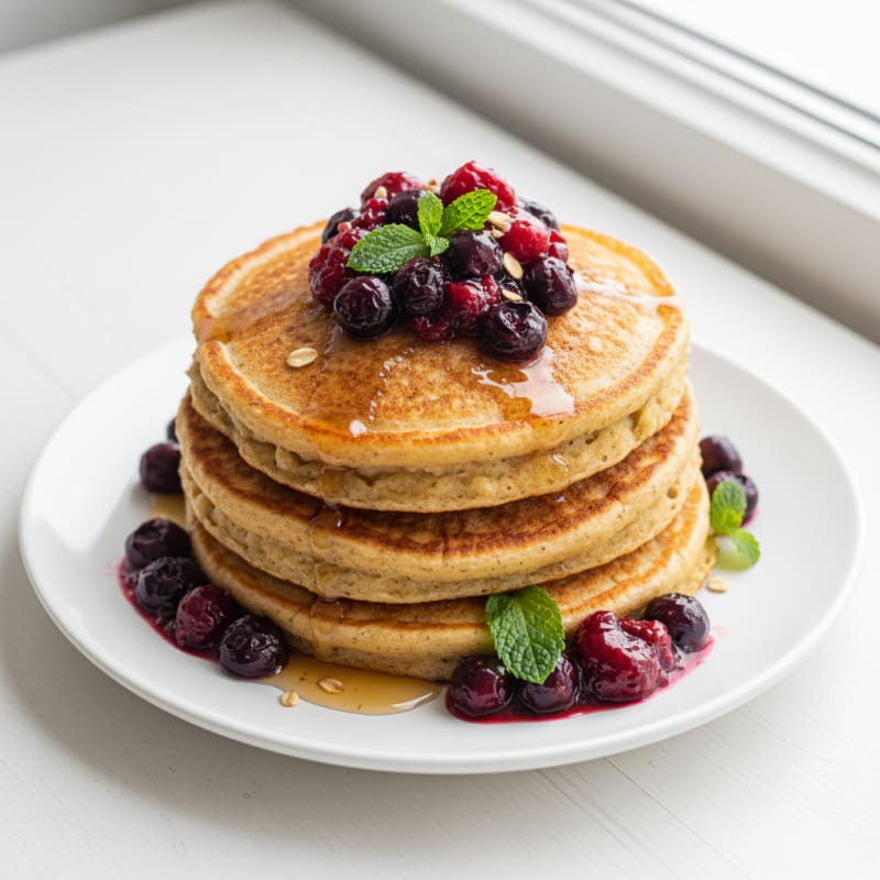 Fluffy Protein Pancakes with Caramelized Berries