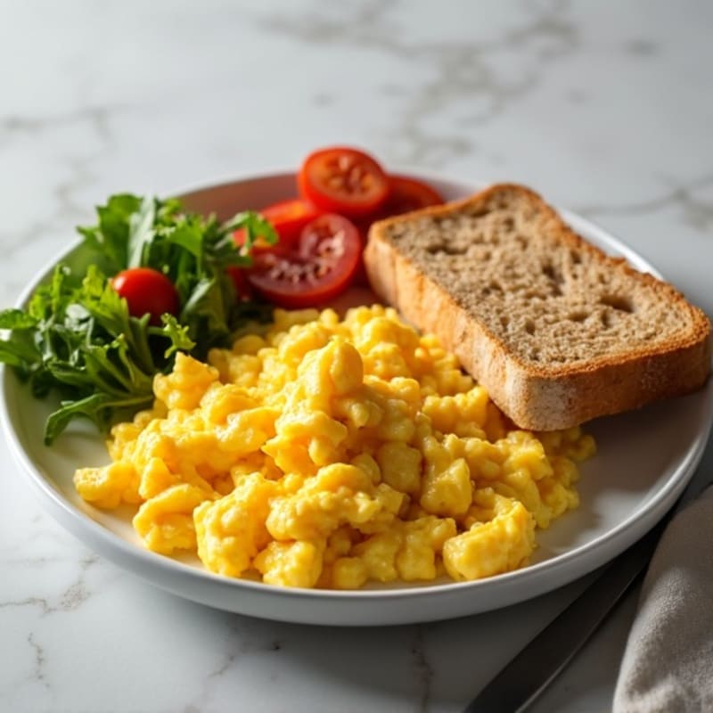 Scrambled Eggs with Crispy Turkey Bacon and Whole Grain Toast