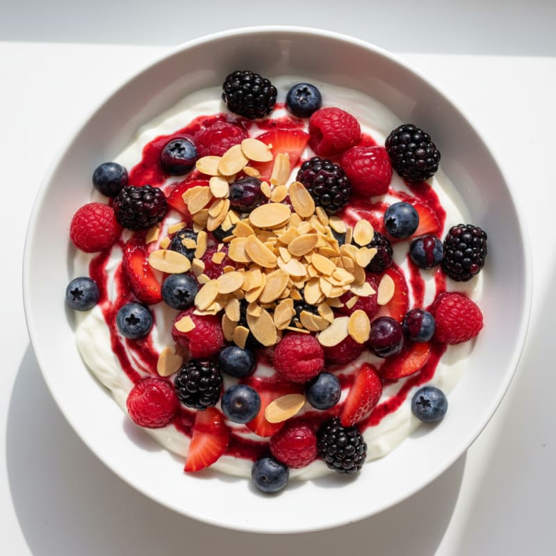 Greek Yogurt Protein Parfait with Mixed Berries and Almonds