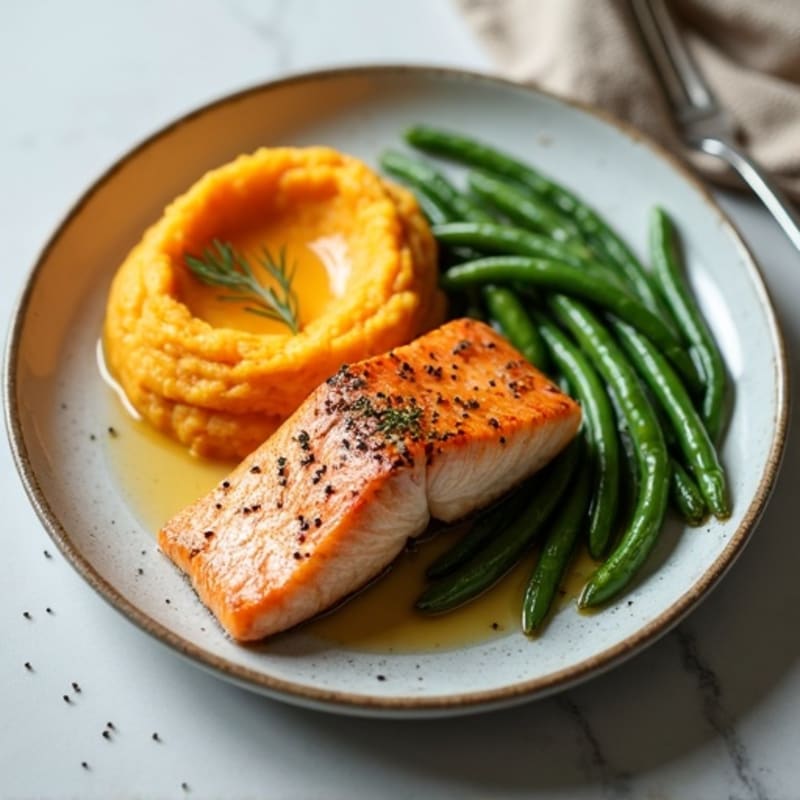 Seared Salmon with Garlic Green Beans and Mashed Sweet Potato