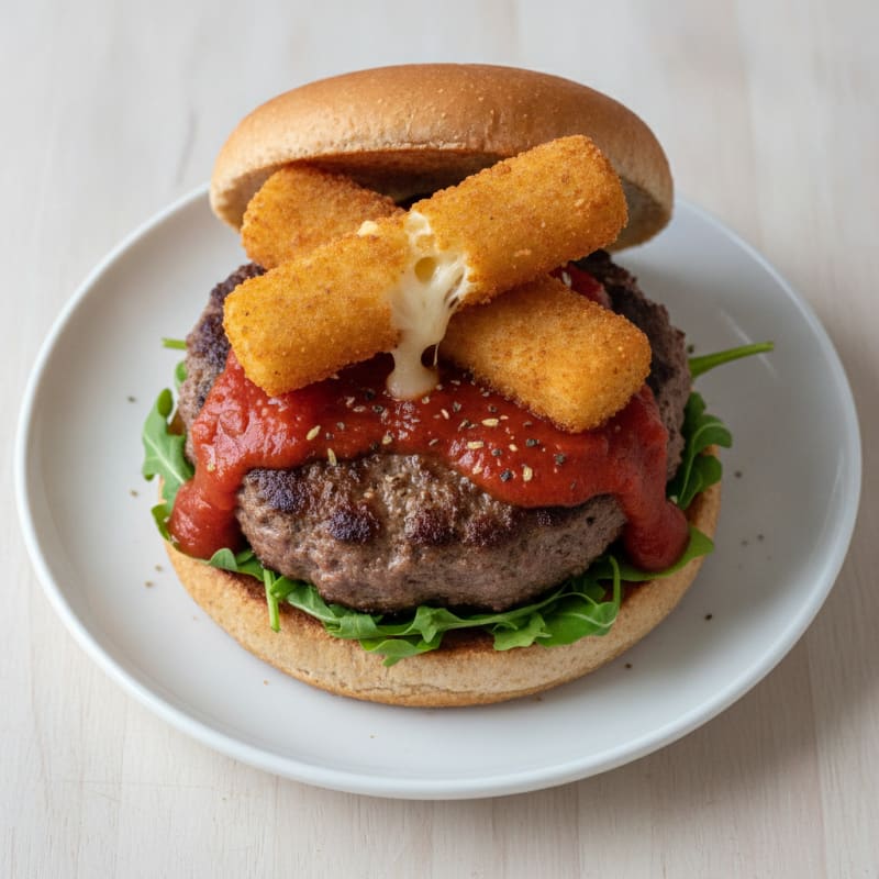 Mozzarella Stick Beef Burger with Marinara