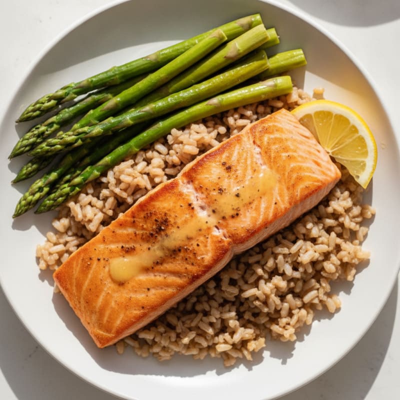 Seared Salmon with Steamed Asparagus and Brown Rice