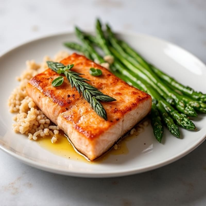 Seared Salmon with Steamed Asparagus and Brown Rice